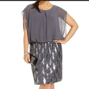 SLNY sequin chiffon steel grey cocktail dress 16